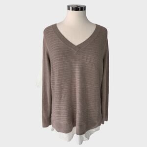 Hilary Radley Large 2 Fer Blouse Look Under V Neck Pullover Sweater Light Brown